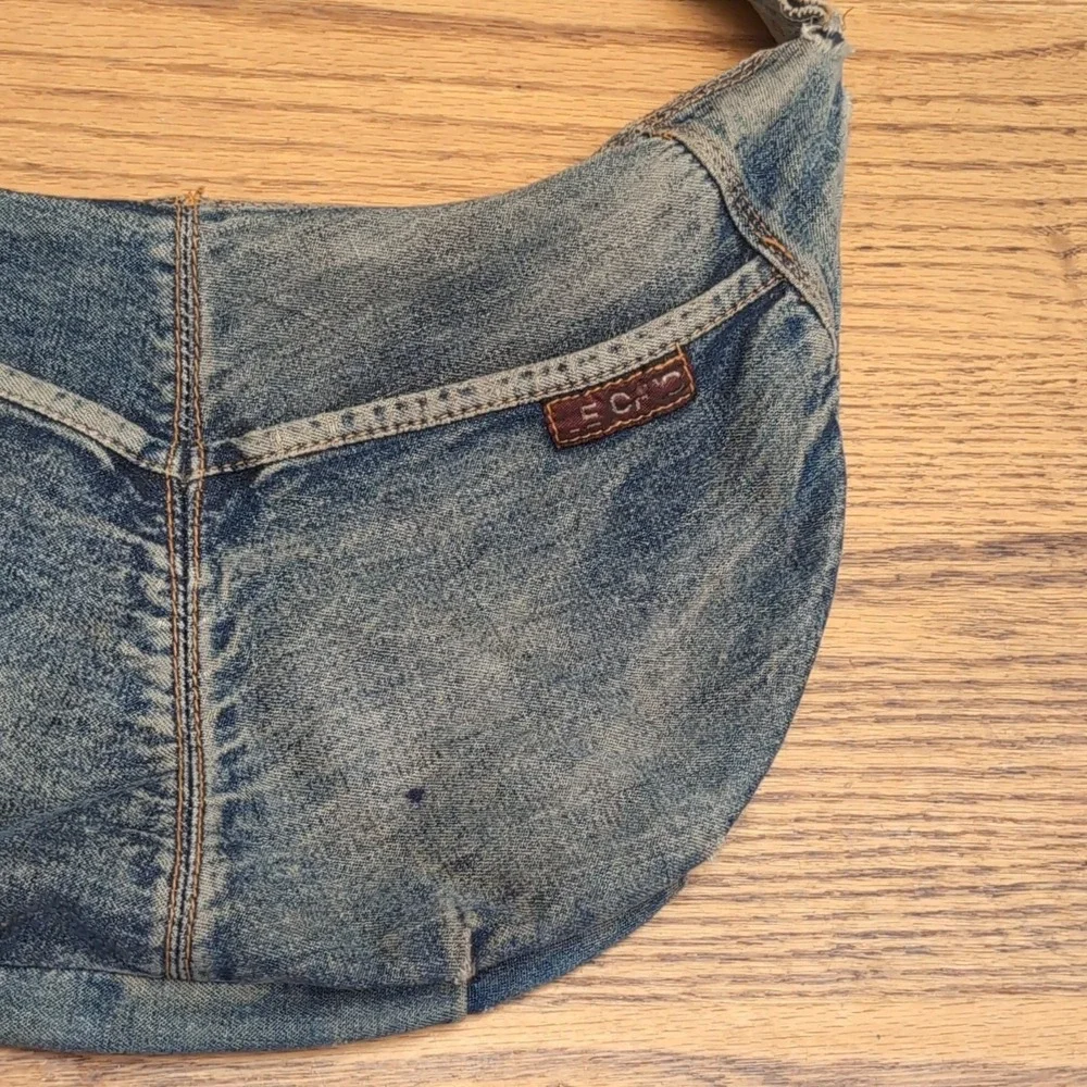 Vintage Denim Crescent Shoulder Bag Purse Blue Women's Handbag Distressed